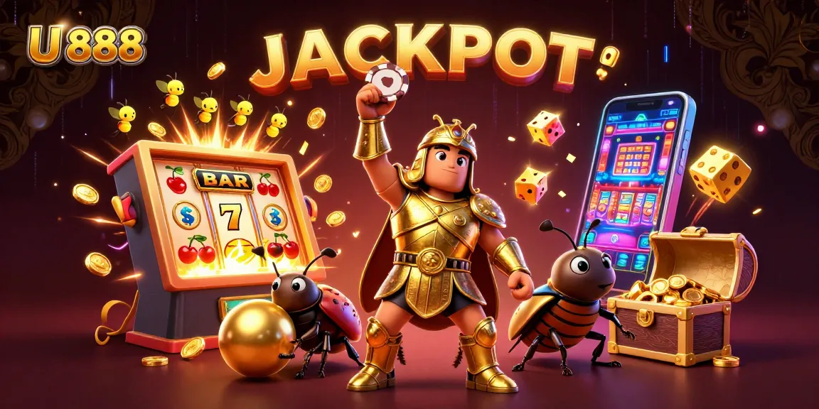 Join U 888 in a thrilling jackpot scene with vibrant casino elements and winning energy.