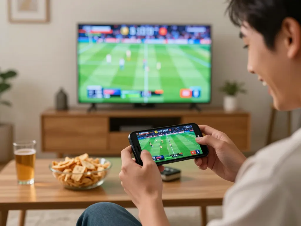 Engaging scene of a user placing a bet on hay88x with a smartphone during a live sports match.