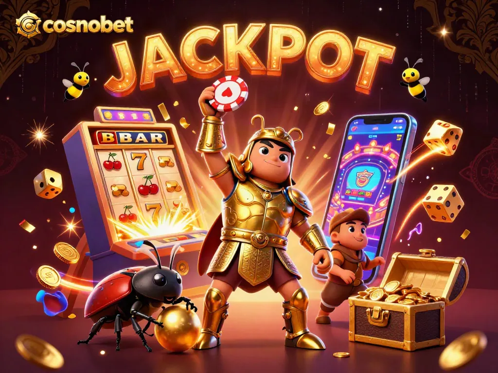 cosmobet showcases a beetle champion winning at slots amidst colorful casino visuals.