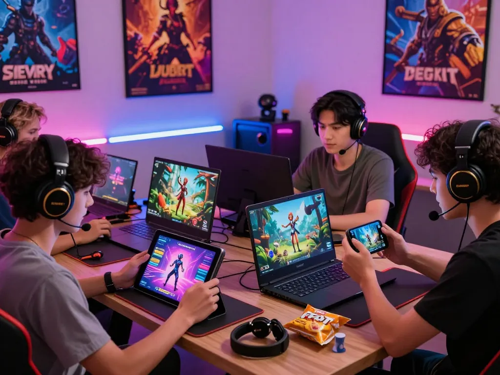 Interactive gaming scene featuring players enjoying diverse porn games on tablets and laptops, showcasing modern adult entertainment culture.