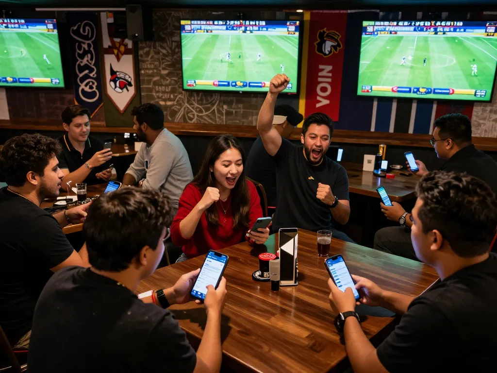 Excited patrons engaging in mobile sports betting via the keonhacaii88 app in a lively bar setting.