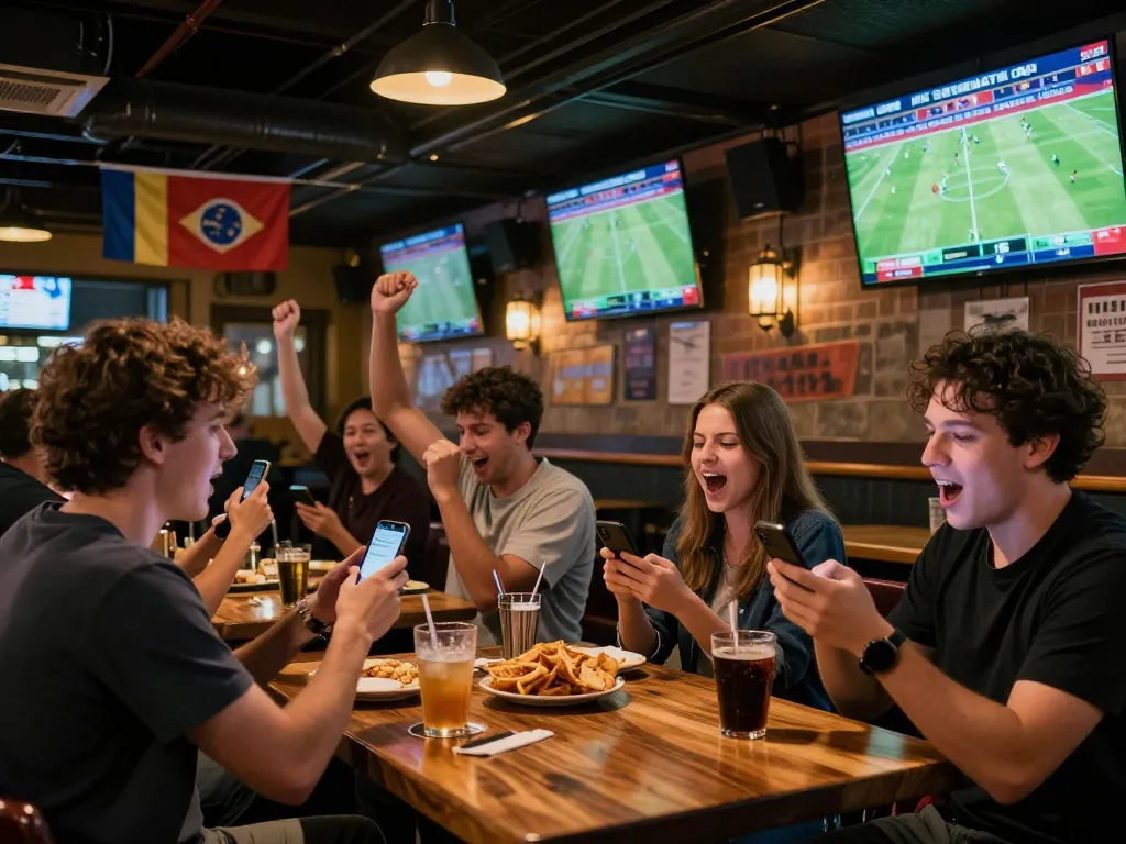 Cheering fans engage with football betting on mobile devices during tense moment