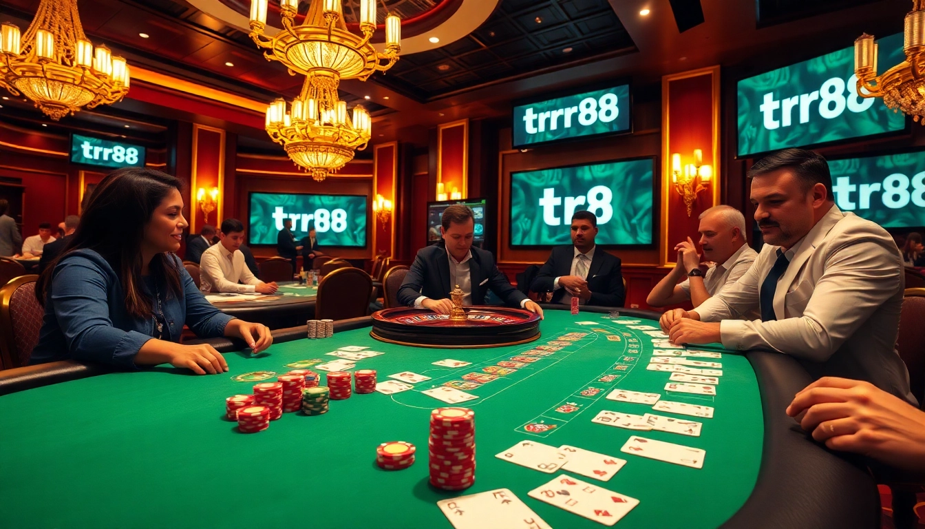 Experience thrilling poker action at tr88 with vibrant chips, cards, and a luxurious casino backdrop.