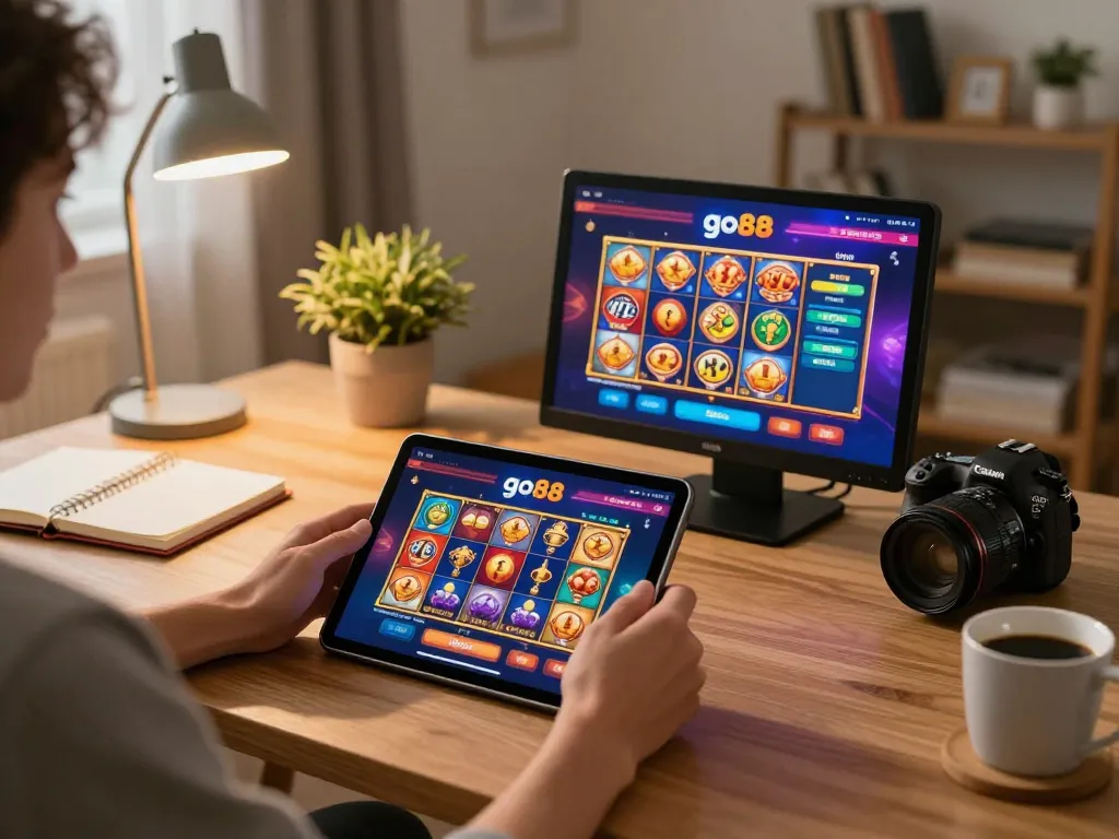Using go88 on a tablet for online slots in a cozy home setting with warm lights.