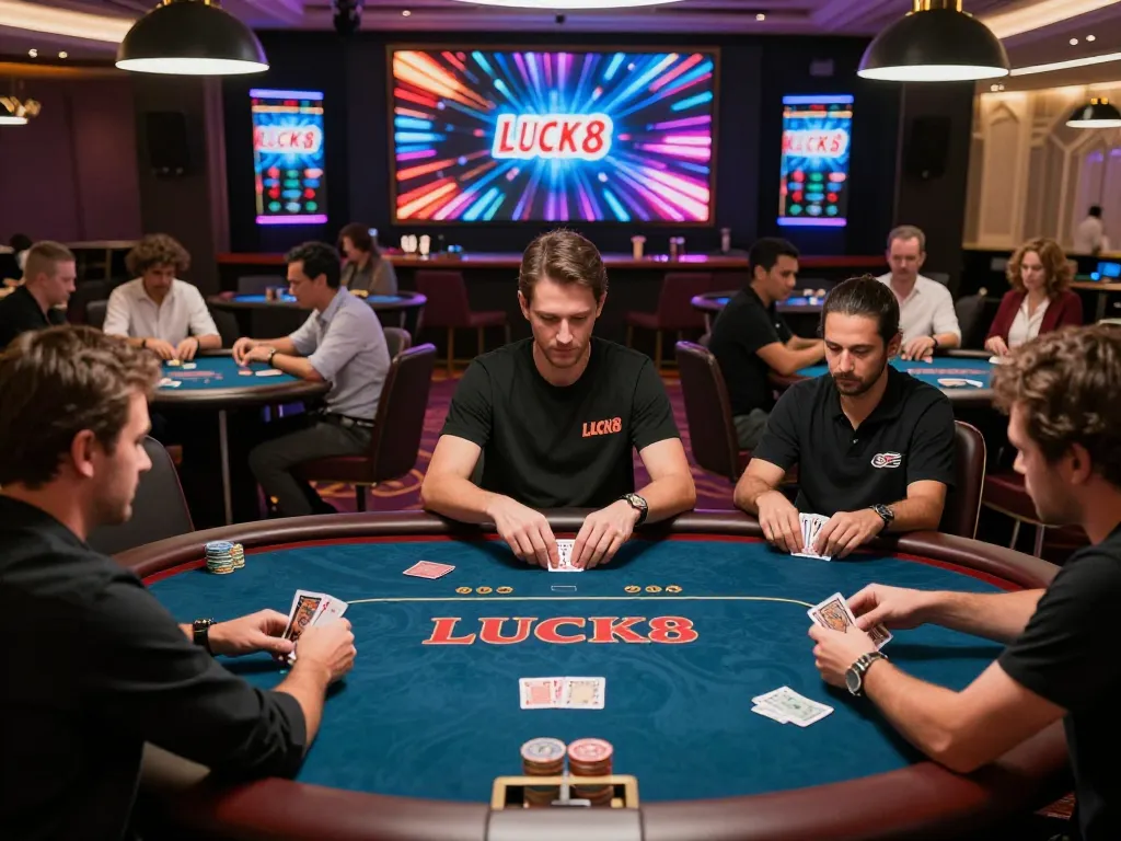 Experience LUCK8's lively casino atmosphere with players engaged at poker tables.