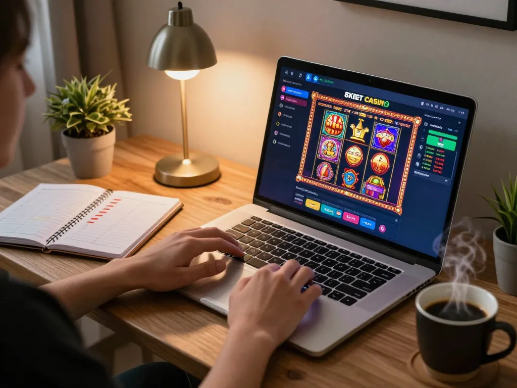 Player immersed in online gaming on 8xbet casino, highlighting strategic play in a cozy home