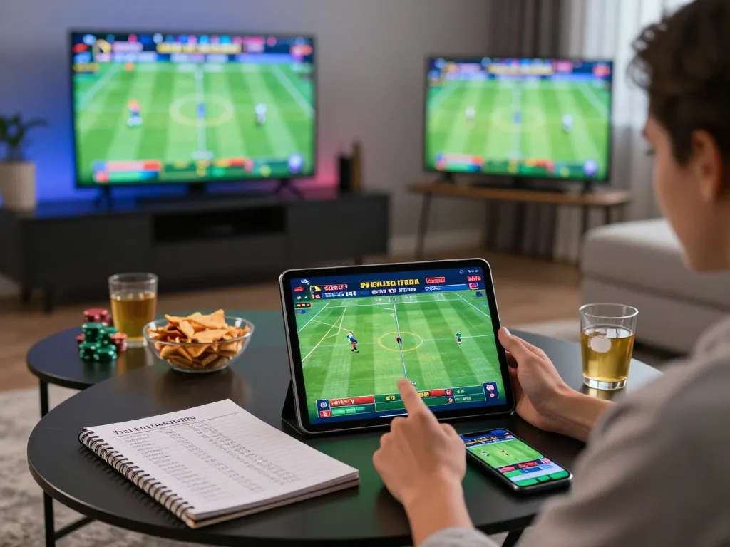 Engaging in sports betting with debet app on tablet while enjoying snacks in a cozy living room