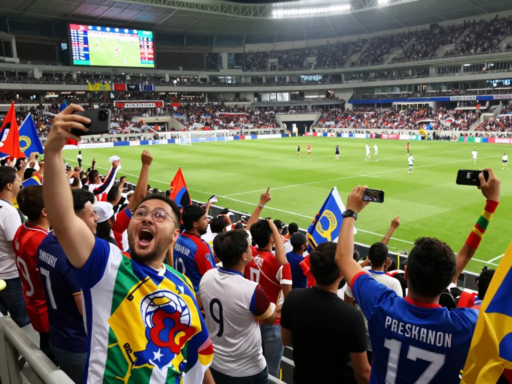 7m soccer fans celebrating in a stadium with banners, cheering for their team.