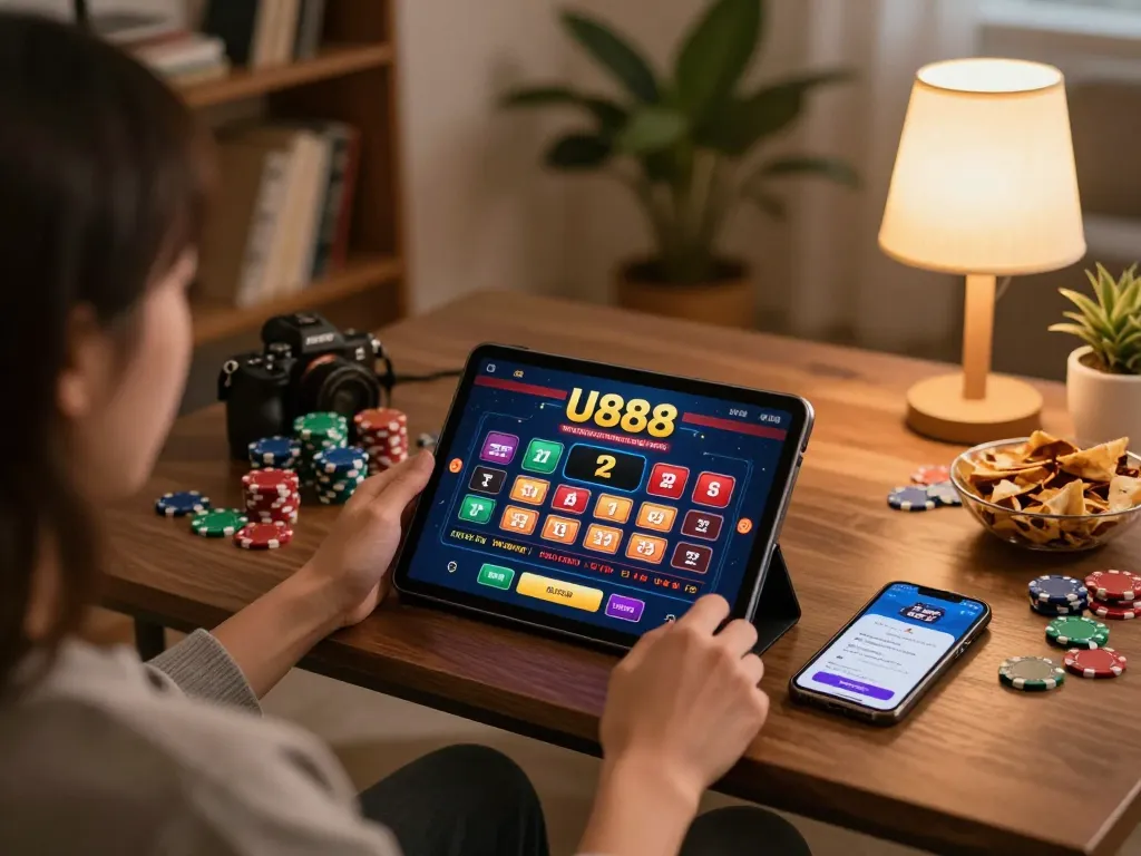 Player enjoying U888 online casino gaming on a tablet in a cozy living room environment, highlighting responsible gambling.