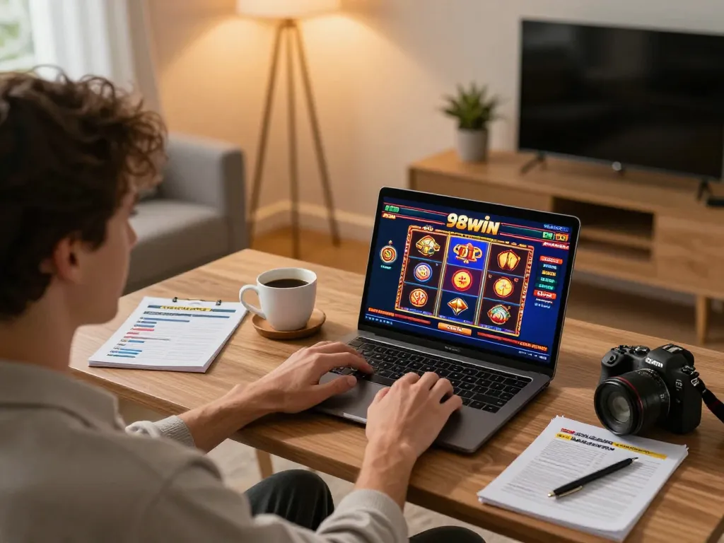 Player enjoying 98win online gaming experience with vibrant slot games and strategy notes.