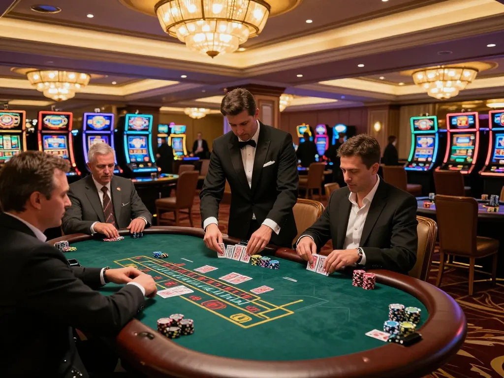Players engage in a strategic game of blackjack at a luxurious casino, showcasing Go 88 themed decor.