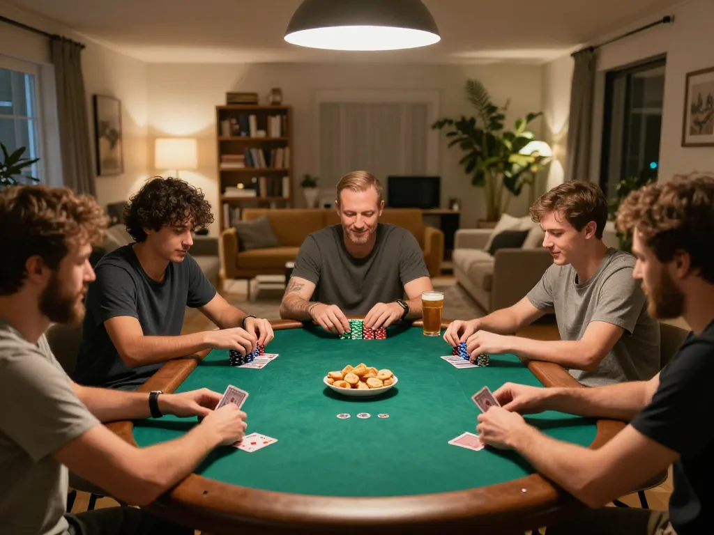 Friends enjoying poker at home while using O8 com for online strategy and betting tips
