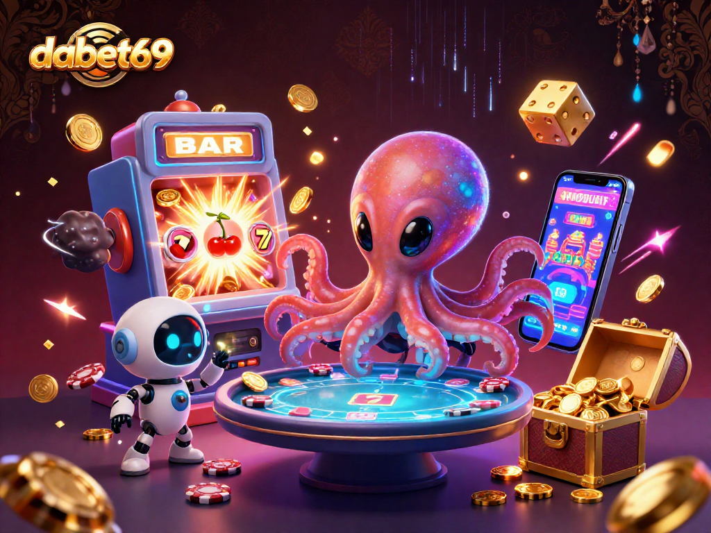 Dabet69 showcases vibrant 3D casino-themed illustration, featuring an alien octopus and gold jackpots.