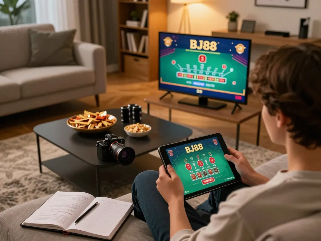 Engaging online gambling experience at BJ88 with a live dealer blackjack game on tablet in a cozy home setting