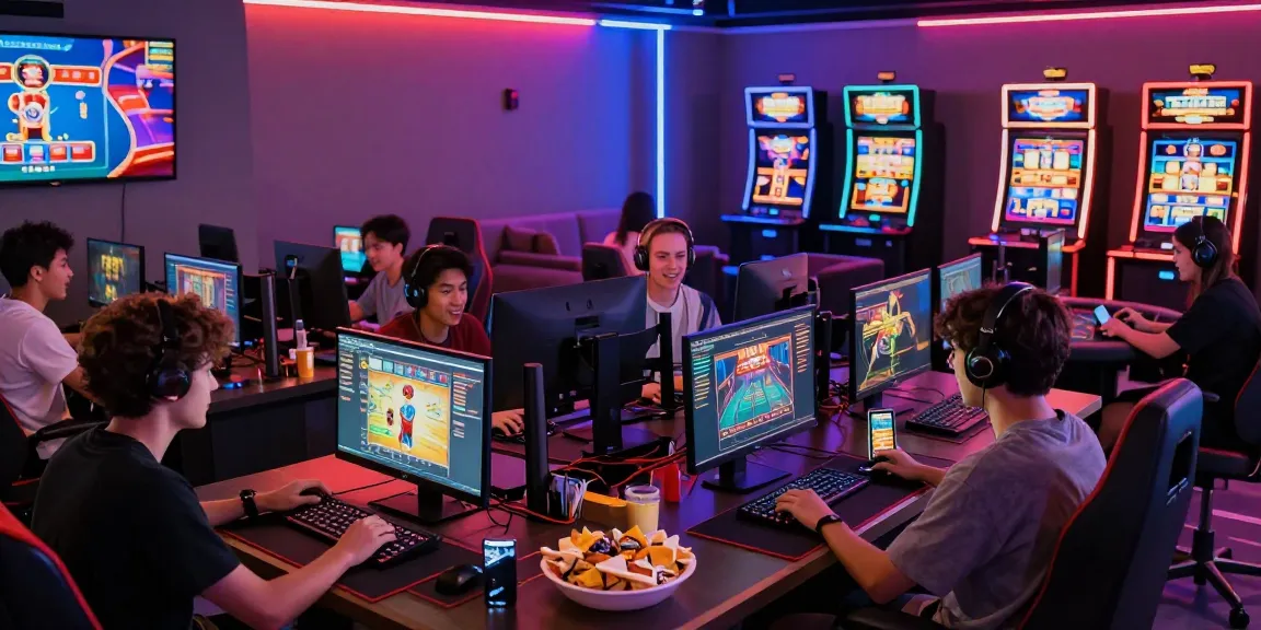 Gamers enjoying diverse games in a vibrant 789 club environment with neon lights and modern lounge atmosphere.