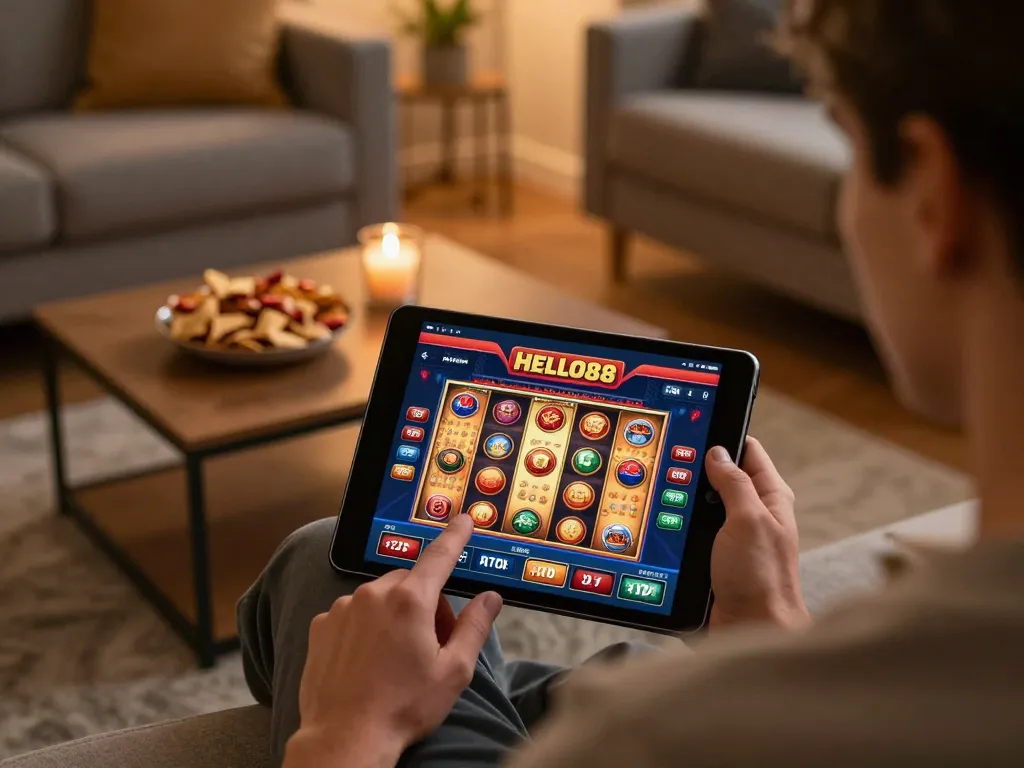 Engaging in online gaming with HELLO88's app on a tablet in a cozy home setting.
