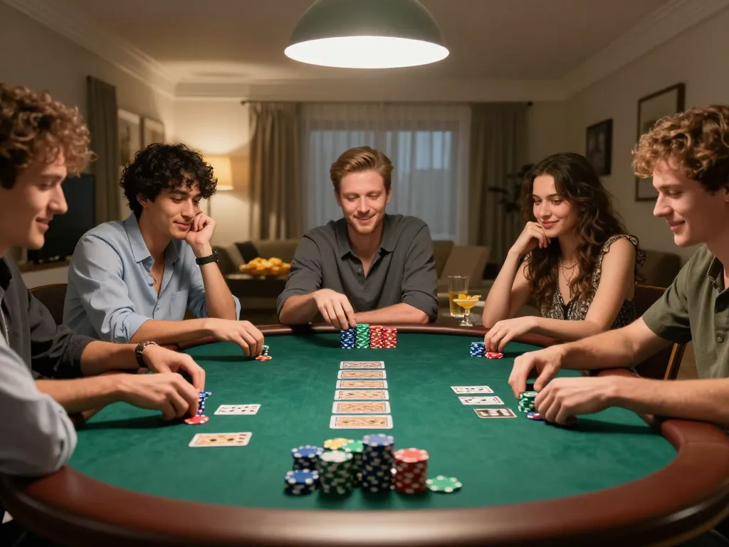 Players enjoying a high-stakes poker game at home highlighting F168's social gambling atmosphere.