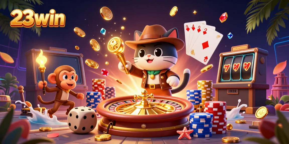 Experience the thrill of 23win as the explorer cat discovers a golden casino artifact amidst dynamic game elements.