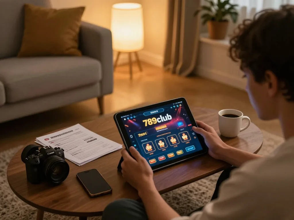 Person gaming on 789club casino app in a cozy home setting, focused on strategic play.