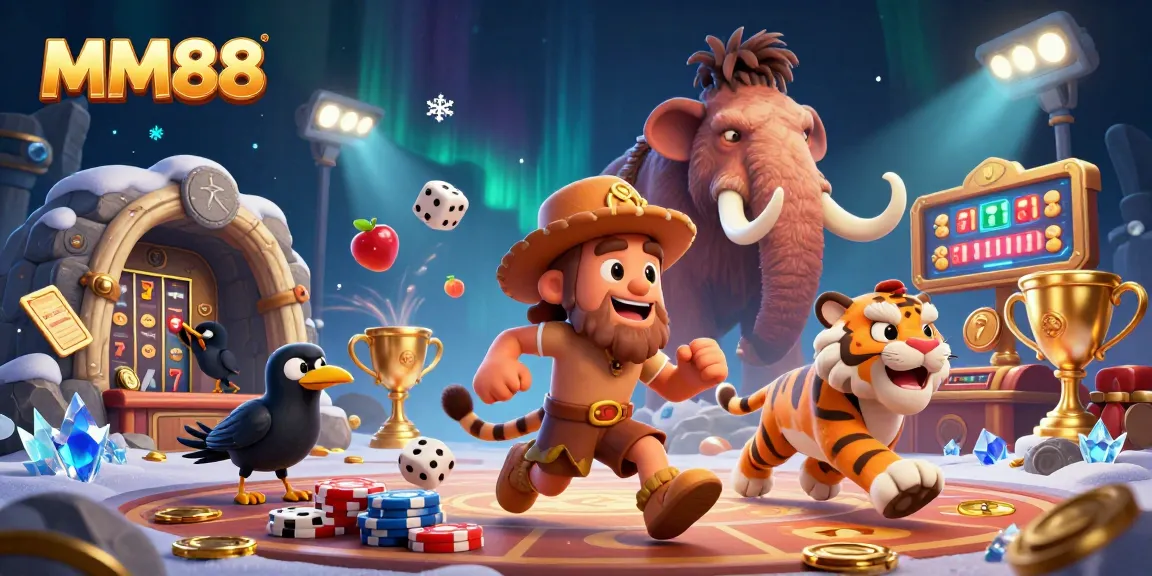 Play exciting slot games with MM88 in a vibrant, prehistoric casino setting, filled with fun characters and elements.