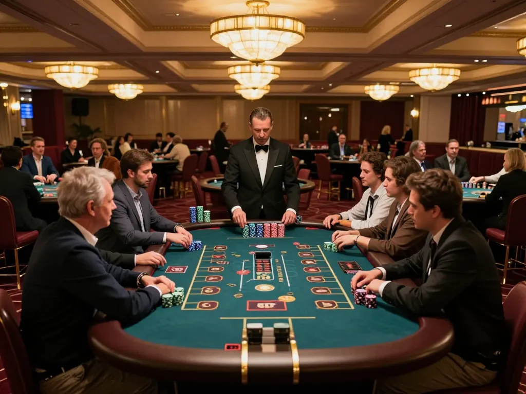 Players enjoying a thrilling game at 8day casino, engaging in high-stakes poker with vibrant casino atmosphere.