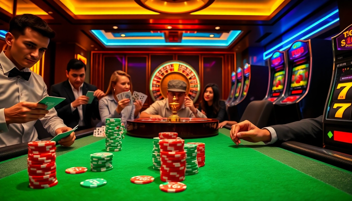 Players strategizing around a TG88 poker table loaded with chips and cards in a premium casino setting