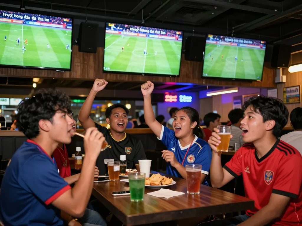 Fans enjoying "trực tiếp bóng đá thái lan" in an energetic sports bar, celebrating together with drinks and snacks.