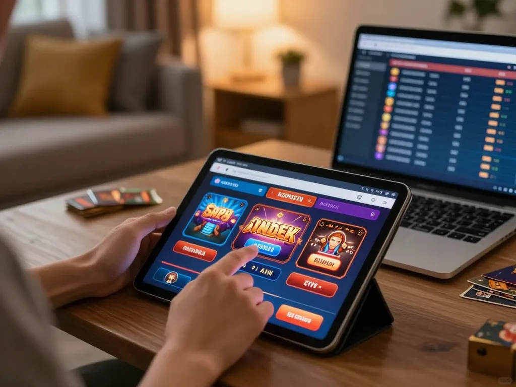 Player using Lô Đề Uy Tín app on tablet for online gaming in a cozy living room setting.