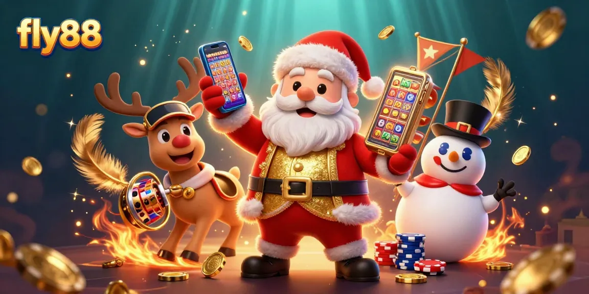 Engage in the fly88 casino adventure with Santa and his playful friends amidst vibrant gambling elements.