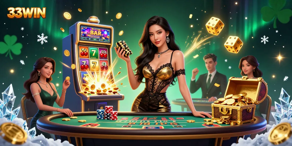 Engage in the thrilling atmosphere of 33WIN casino with glamorous gaming, capturing jackpot excitement.