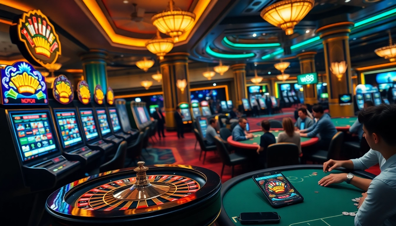 Experience the thrill of online gambling at ww88 with vibrant slot machines and an engaging roulette wheel.