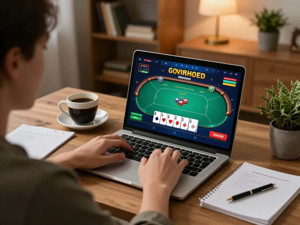 Player enjoying online poker at home with tablet, focusing on strategic moves in a relaxed environment, featuring mb666 connections