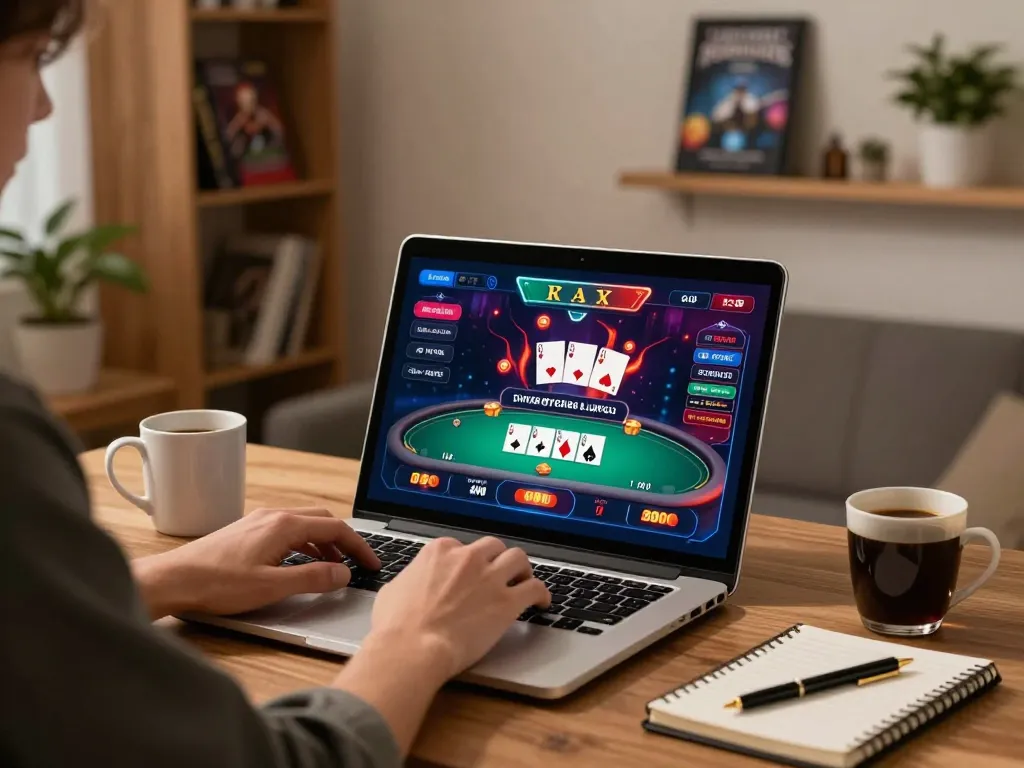 Engaging gameplay on qh88go with strategic poker interface displayed on a laptop in a cozy home.