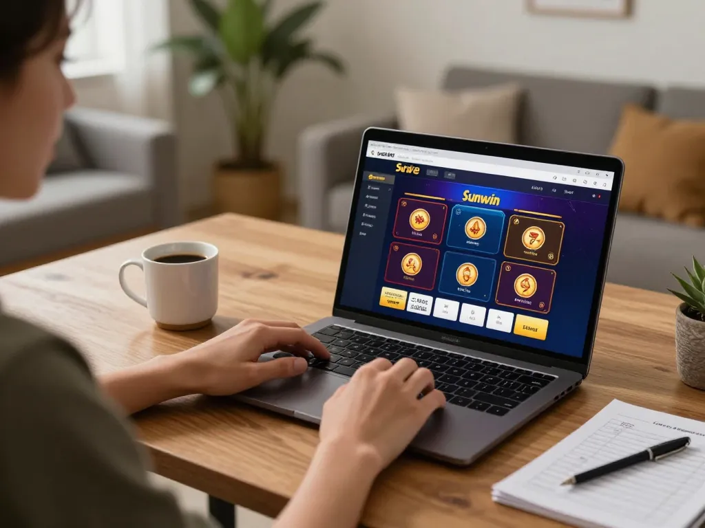 Person playing on Sunwin app during evening at a cozy home gaming setup