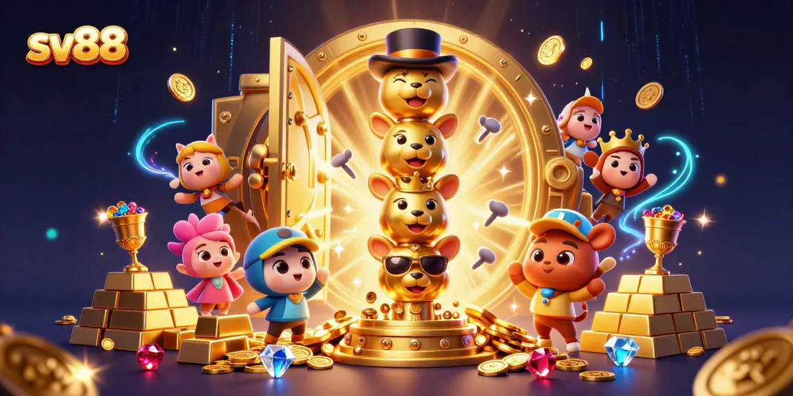 Experience thrilling gameplay at sv88 with vibrant casino elements and golden treasures in a 3D illustration.