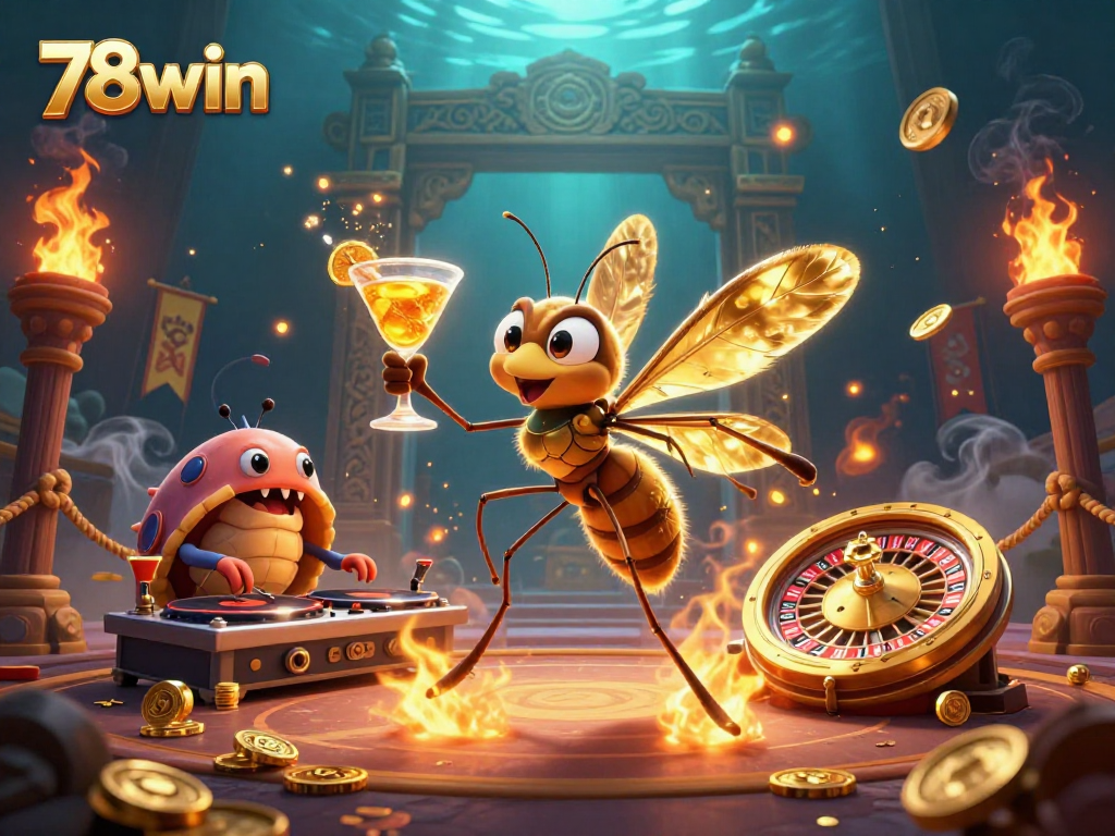 Experience the thrill of 78win as a vibrant scene with animated casino mascots and dynamic game elements.