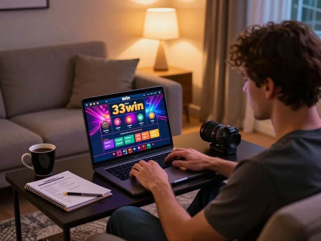 Person enjoying an engaging online gaming session with 33win on a laptop at home.