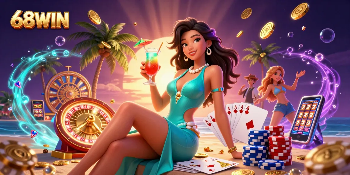 Spin and win with 68WIN in a vibrant tropical beach casino scene filled with gems and golden coins.
