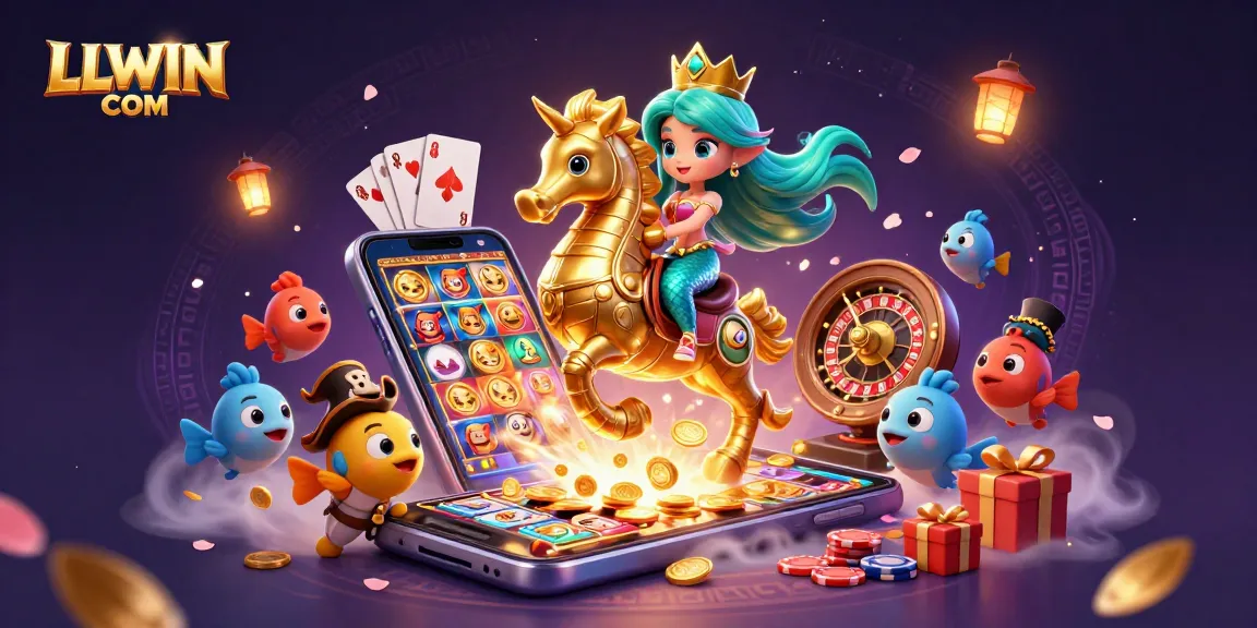 Engage in thrilling gameplay at LLWIN COM with a mermaid and her seahorse as they explore vibrant casino games.