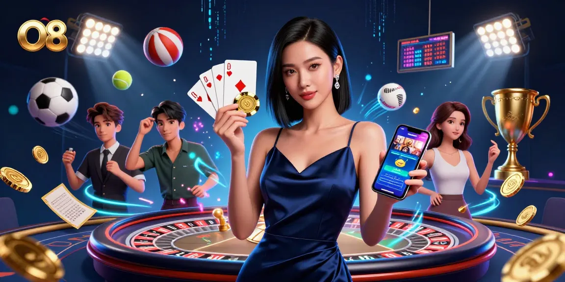 O8 showcases thrilling casino activities with a stunning Asian woman, casino app, and dynamic sports elements.