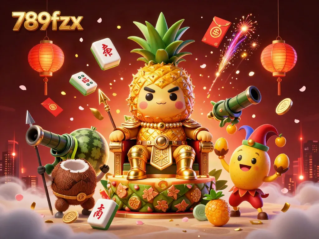 Feel the excitement at 789fzx with a golden pineapple king and colorful casino elements showcasing winning moments.