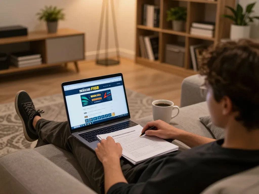 Engaging with Nhà cái F168, a player strategizes while betting online from home.