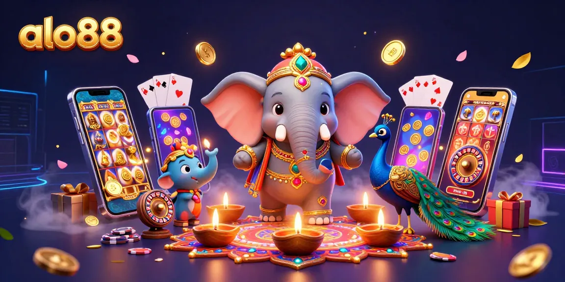 Play vibrant slot games at alo88 with a winning elephant and peacock in a colorful casino scene.