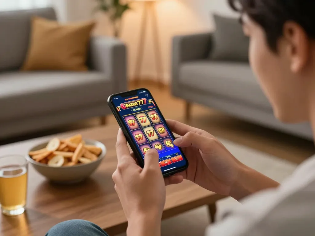 Playing slot gacor 777 on a smartphone at home, showcasing the excitement of online gambling.