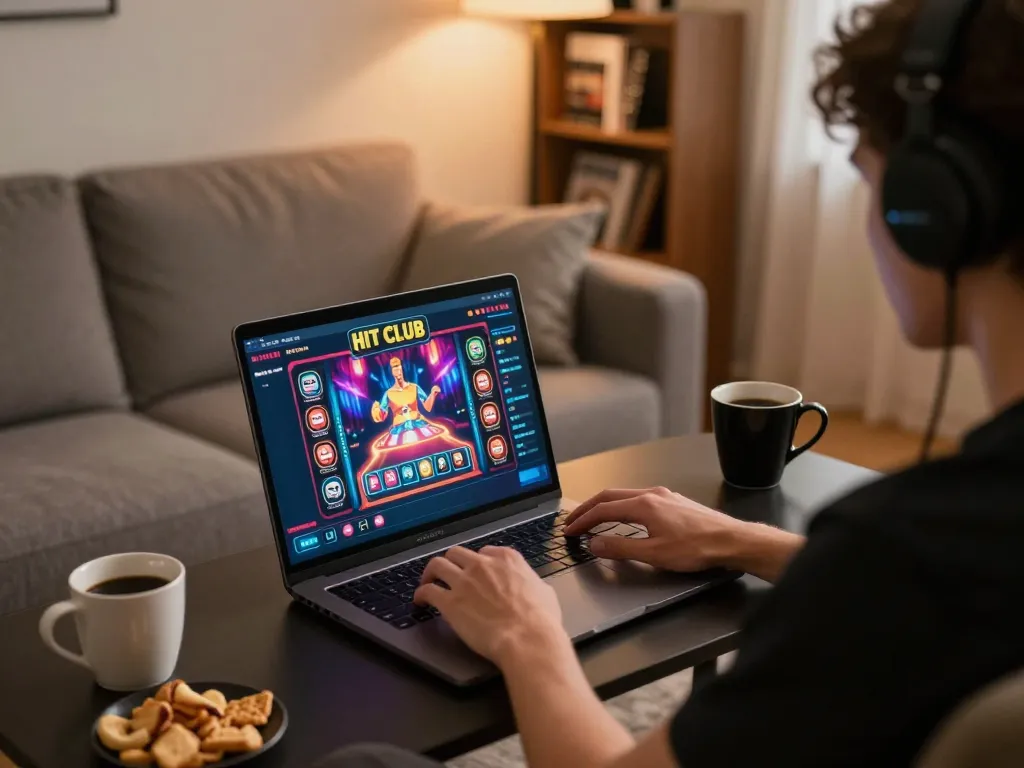 Engaging in HIT CLUB online gaming strategy at home with a laptop and colorful interface.