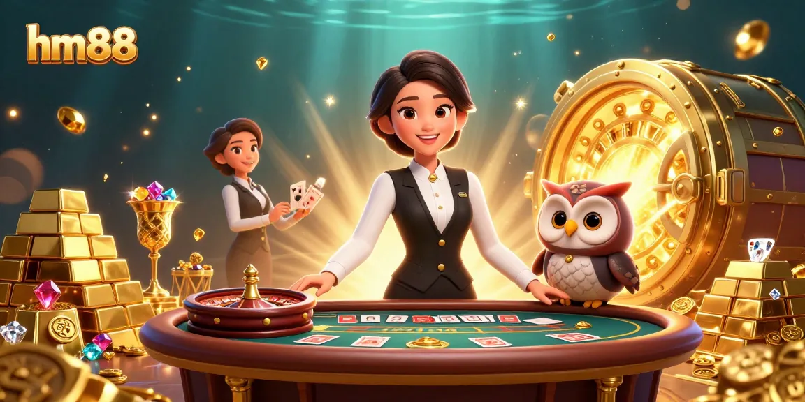 Experience the luxurious gameplay of hm88 in a vibrant casino scene with talented dealers and sparkling treasures.
