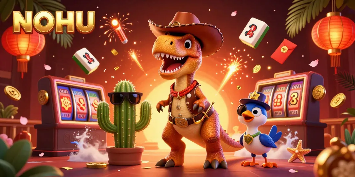 Experience the excitement of NOHU with a vibrant 3D casino scene featuring characters and gaming elements.