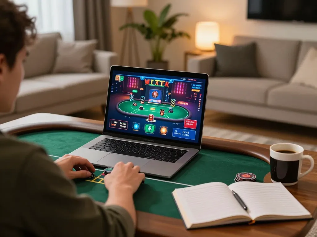 Engaging in online poker on a laptop while exploring sun win strategies in a cozy home setting.