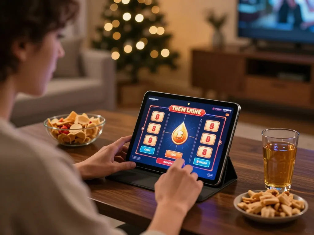 Sv368 player enjoying an online slot win on tablet in a cozy home setting