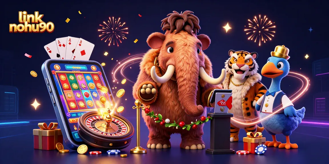 Engage with link nohu90 and enjoy vibrant casino visuals featuring slots, golden coins, and lively characters.